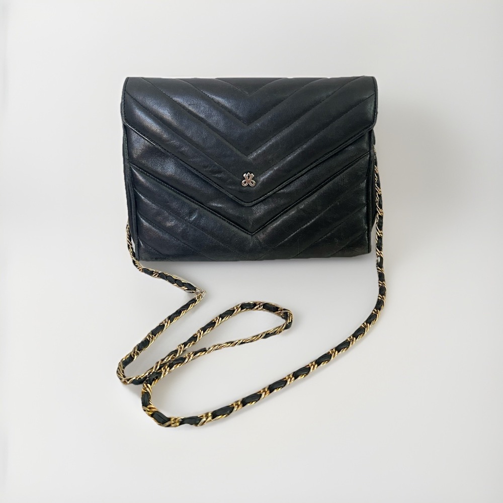 Vintage Jay Herbert New York Black Chevron Quilted Leather Chain Shoulder Bag